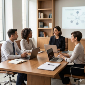 Groupe de professionnels en formation IA en présentiel autour d'une table, avec ordinateurs portables et projection d'un schéma sur l'intelligence artificielle