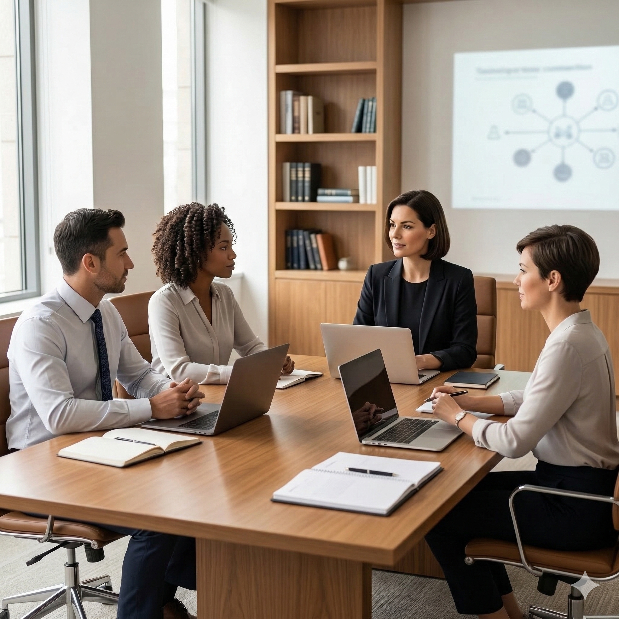 Groupe de professionnels en formation IA en présentiel autour d'une table, avec ordinateurs portables et projection d'un schéma sur l'intelligence artificielle